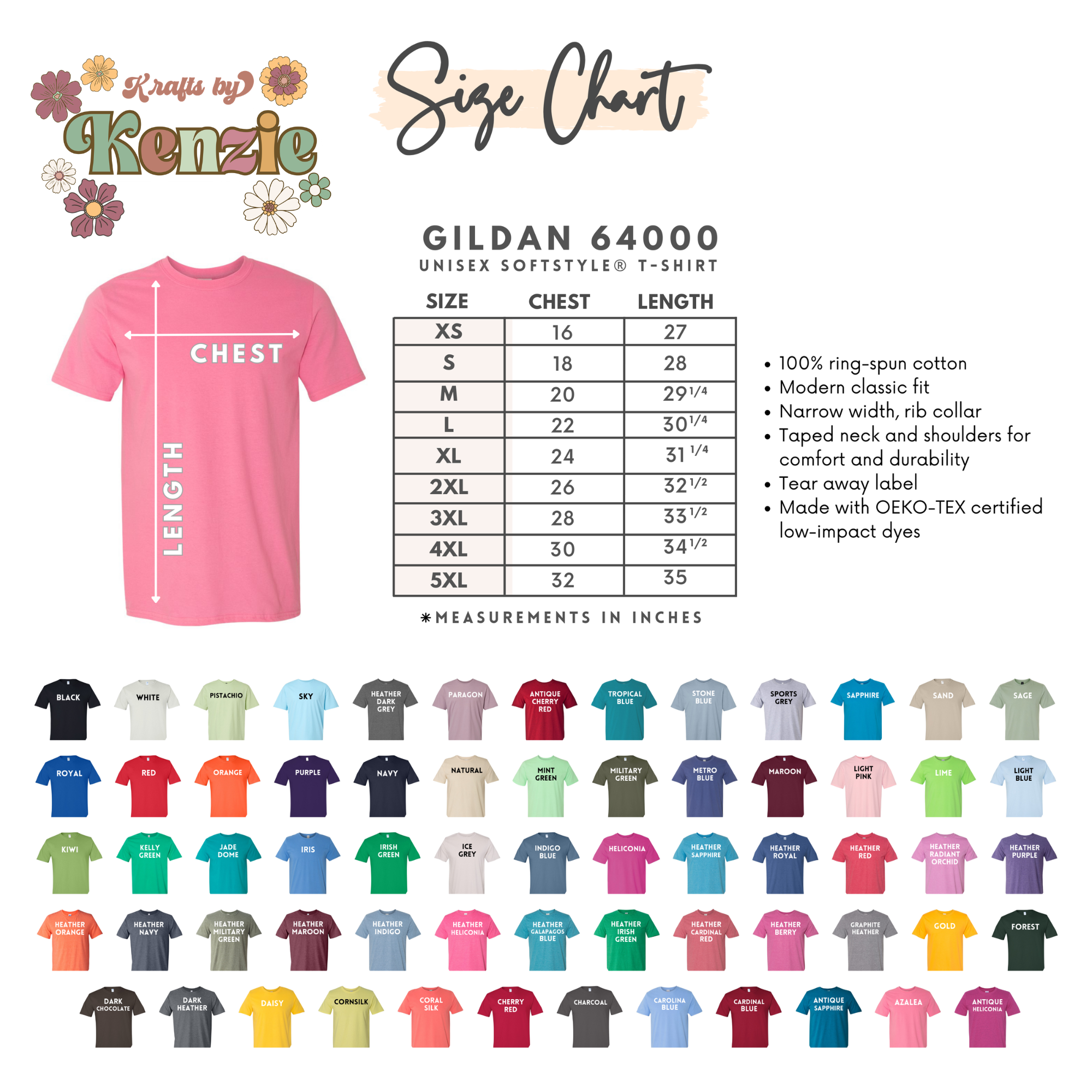 Gildan 64000, Softstyle Tee, color & size